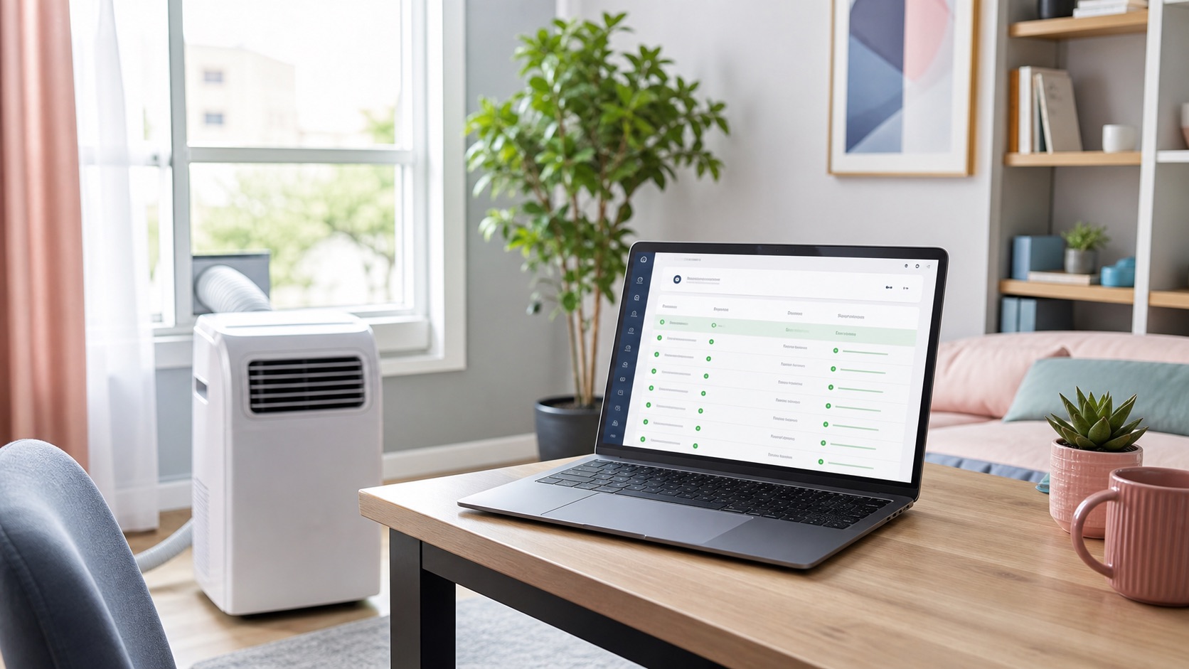 Portable air conditioner beside a laptop showing availability alert rows